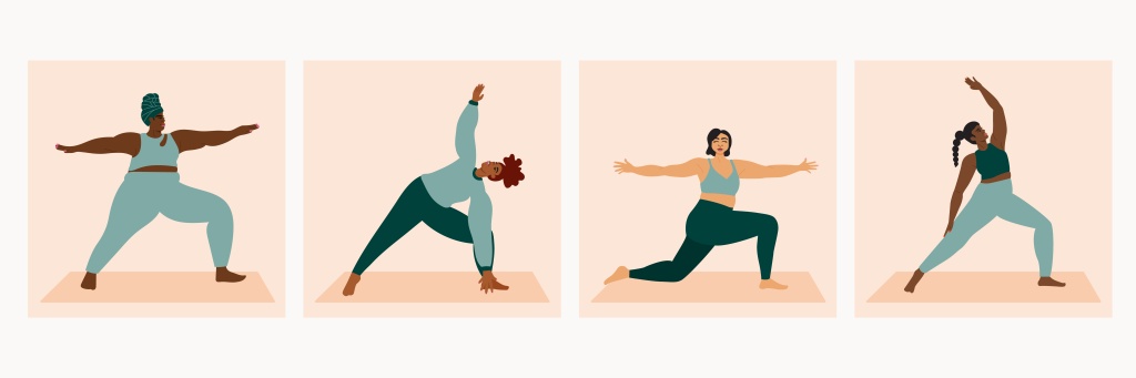 four women of colour each in a separate square frame are in various yoga poses.